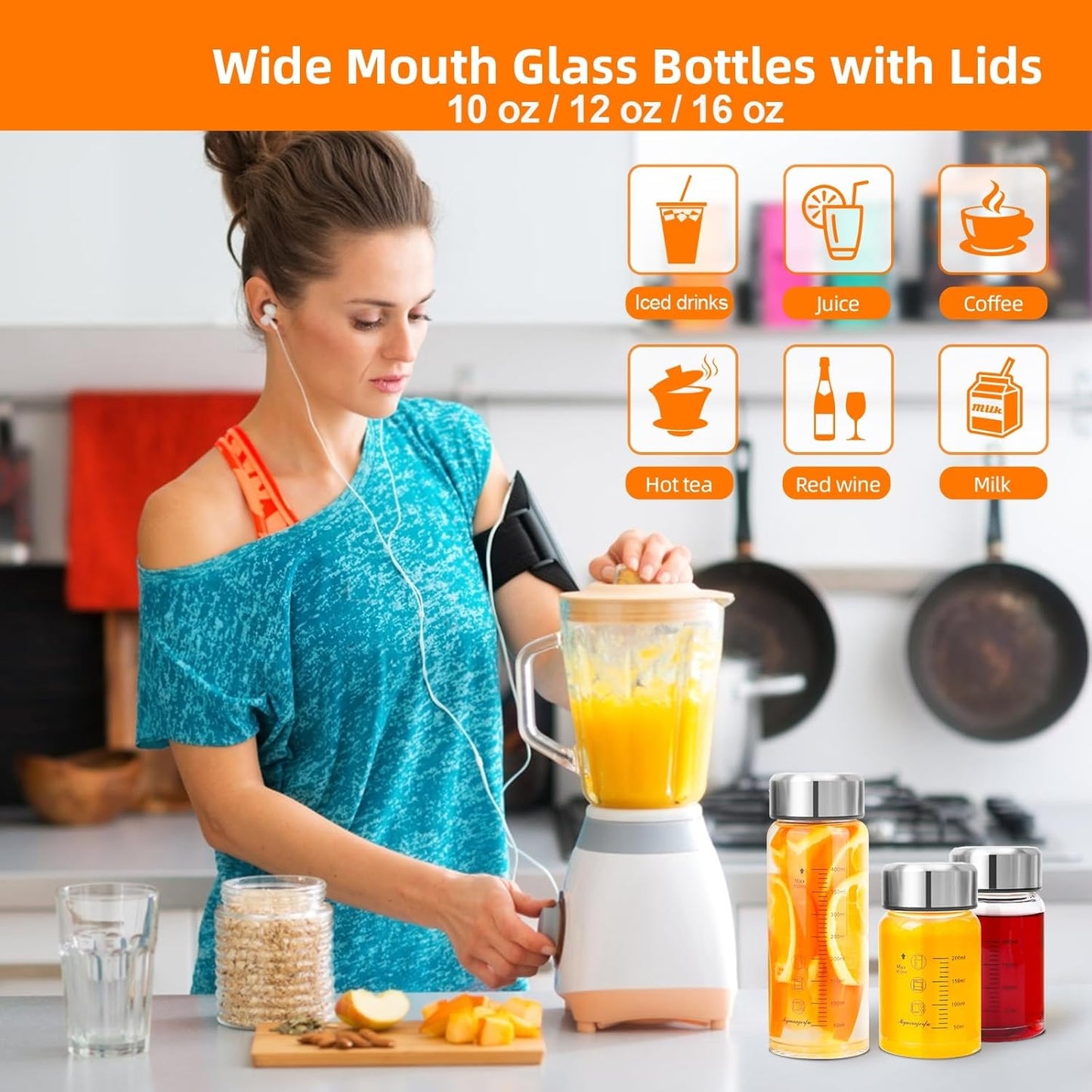 Glass Juice Bottles 16 oz - Wide Mouth Glass Water Bottles with Lids and Sleeve- for Juicing, Smoothies, Milk, Protein, Reusable, Stainless Steel Lids, Leak Proof, Shaker bottle (16oz/500ml)