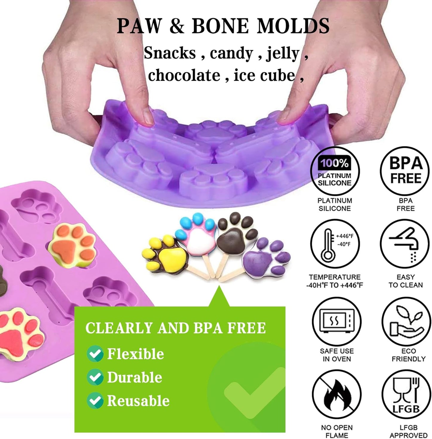 2 in 1 Puppy Dog Paw and Bone Silicone Molds,SAGOOITS Non-Stick Food Grade Silicone Molds for Chocolate, Candy, Jelly, Ice Cube, Dog （Set of 6 PCS)