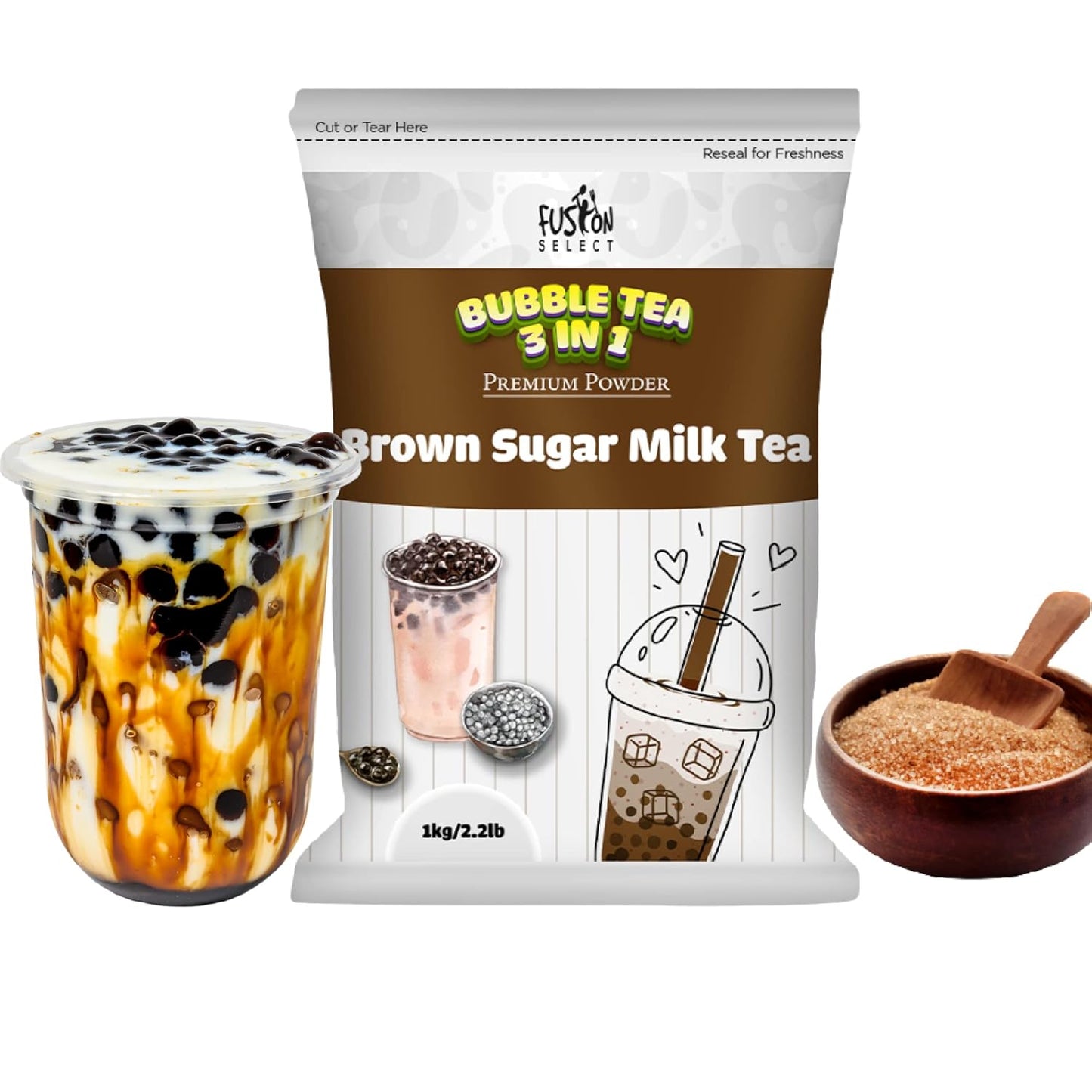Fusion Select 2.2lb Brown Sugar Milk Tea Powder Flavored-3-in-1 Drink Powder with Cream & Sugar - Instant Pre-Mixed Beverage for Hot or Cold Blends or Yummy Frappes
