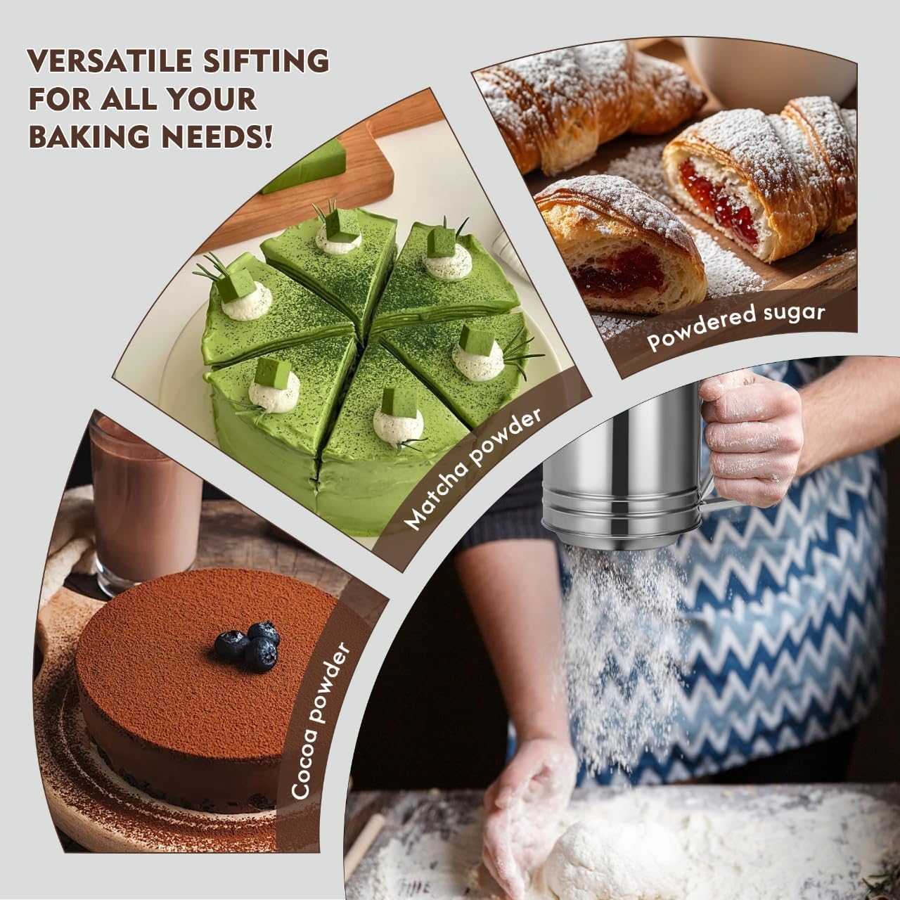 5-Cup Flour Sifter for Baking, Large Capacity Stainless Steel Hand Press Sifter with Double-Layer Fine Mesh - Includes Bonus Dough Scraper/Cutter for Bread & Pastry (White)