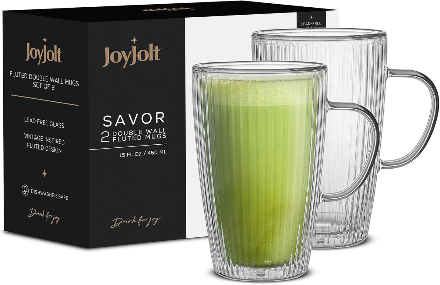 JoyJolt Fluted Glass Coffee Mugs - Double Insulated, 15oz Large Set of 2, Thermal Glass Coffee Mugs
