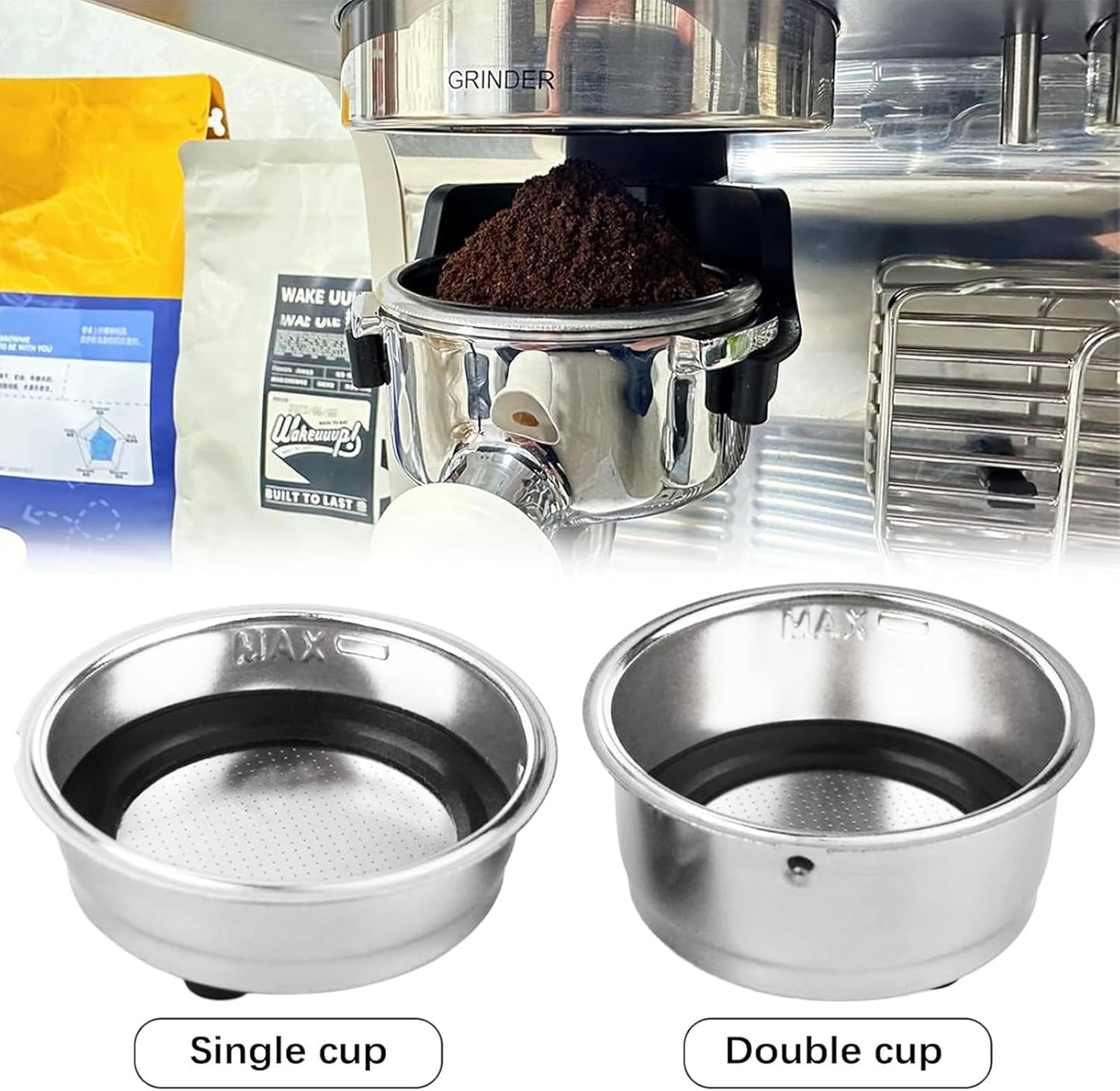 2Pcs Coffee Filter Basket, 51mm Pressurized Coffee Filter Cups Strainer Stainless Steel With Strainer, Coffee Detachable Espresso Machine Portafilter Basket Replacement for Home Office (Single+Double)
