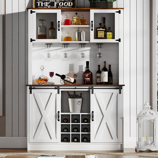 4ever2buy Farmhouse Coffee Bar Cabinet with Sliding Barn Doors, 72'' Hutch Cabinet with Storage, White Bar Cabinet with Glass Doors and Wine Rack, Tall Wine Bar for Living Dining Room