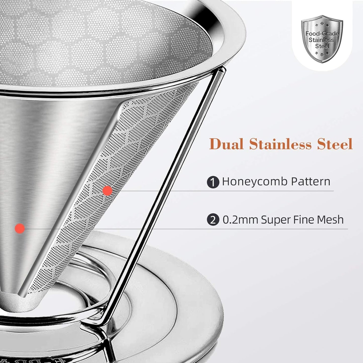 Pour Over Coffee Dripper, Stainless Steel Coffee Filter Reusable Pour Over Coffee Filter Cone Coffee Dripper with Removable Cup Stand and Bonus Brush