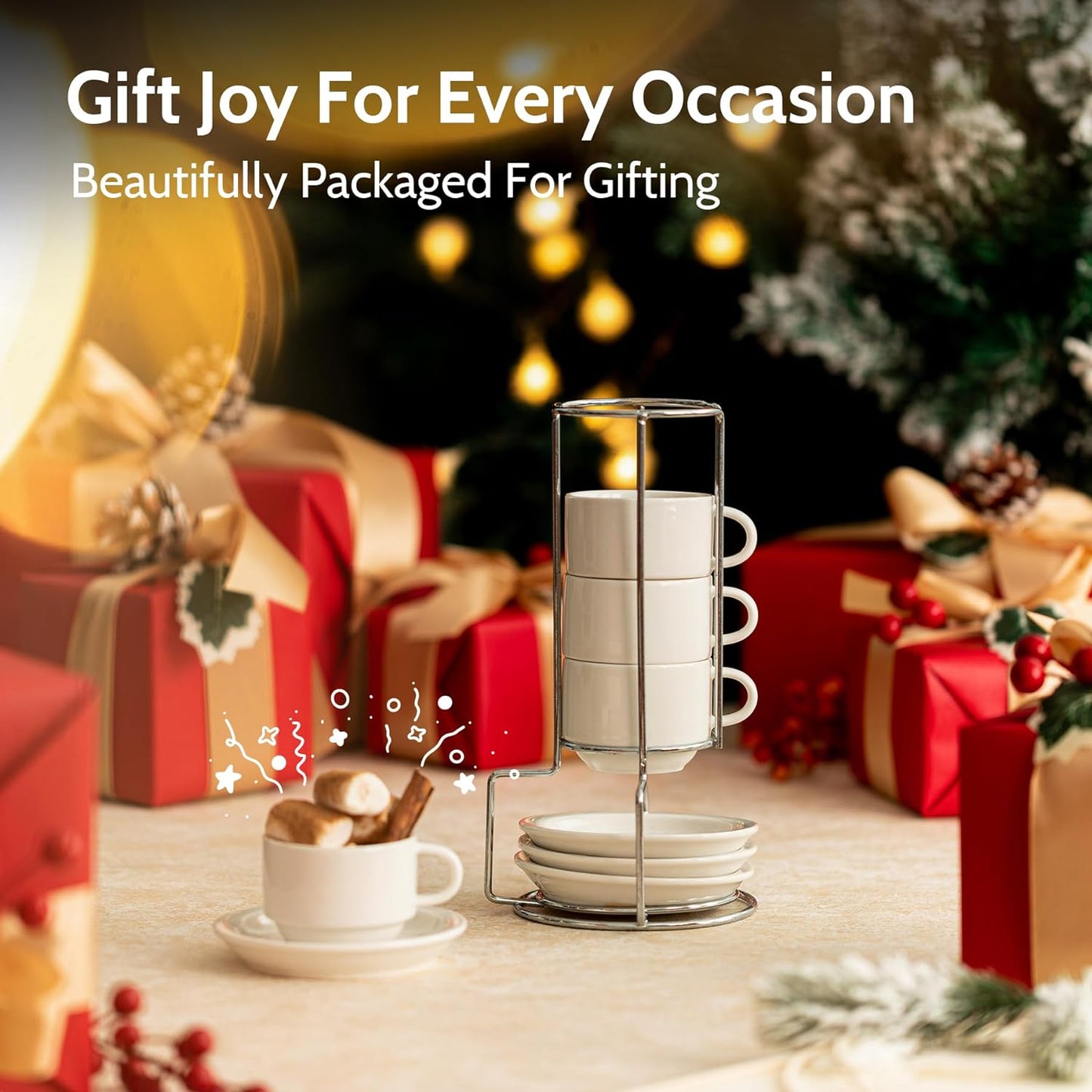 Sweese 4 Ounce Porcelain Stackable Espresso Cups with Saucers and Metal Stand Set of 4, White