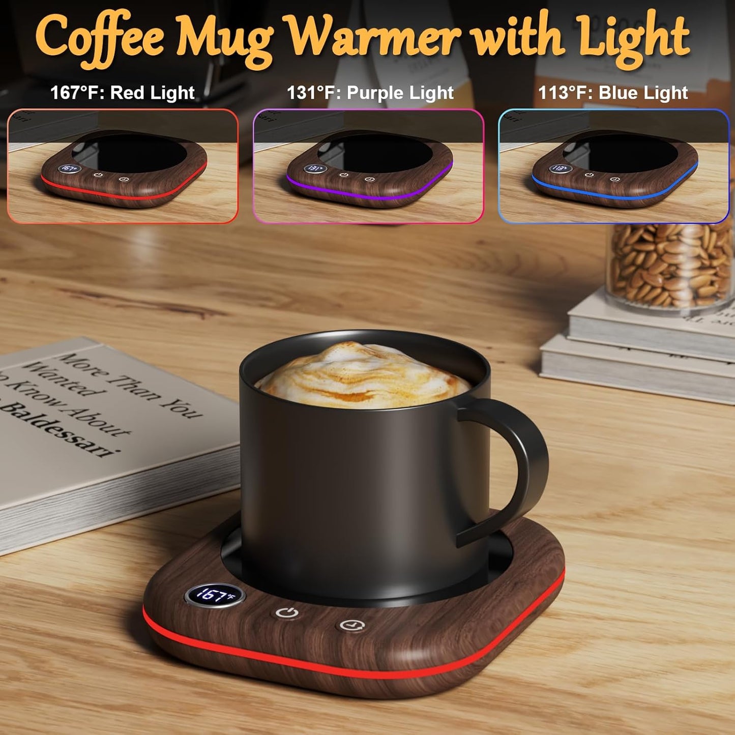 Mug Warmer Upgraded,Coffee Mug Warmer for Desk LEDs Light 3 Temp Settings (113-167°F) 1-12H Timer 4 H Auto Shut Off Beverage Cup Candle Warmer for Coffee Tea Milk(Wood Grain)