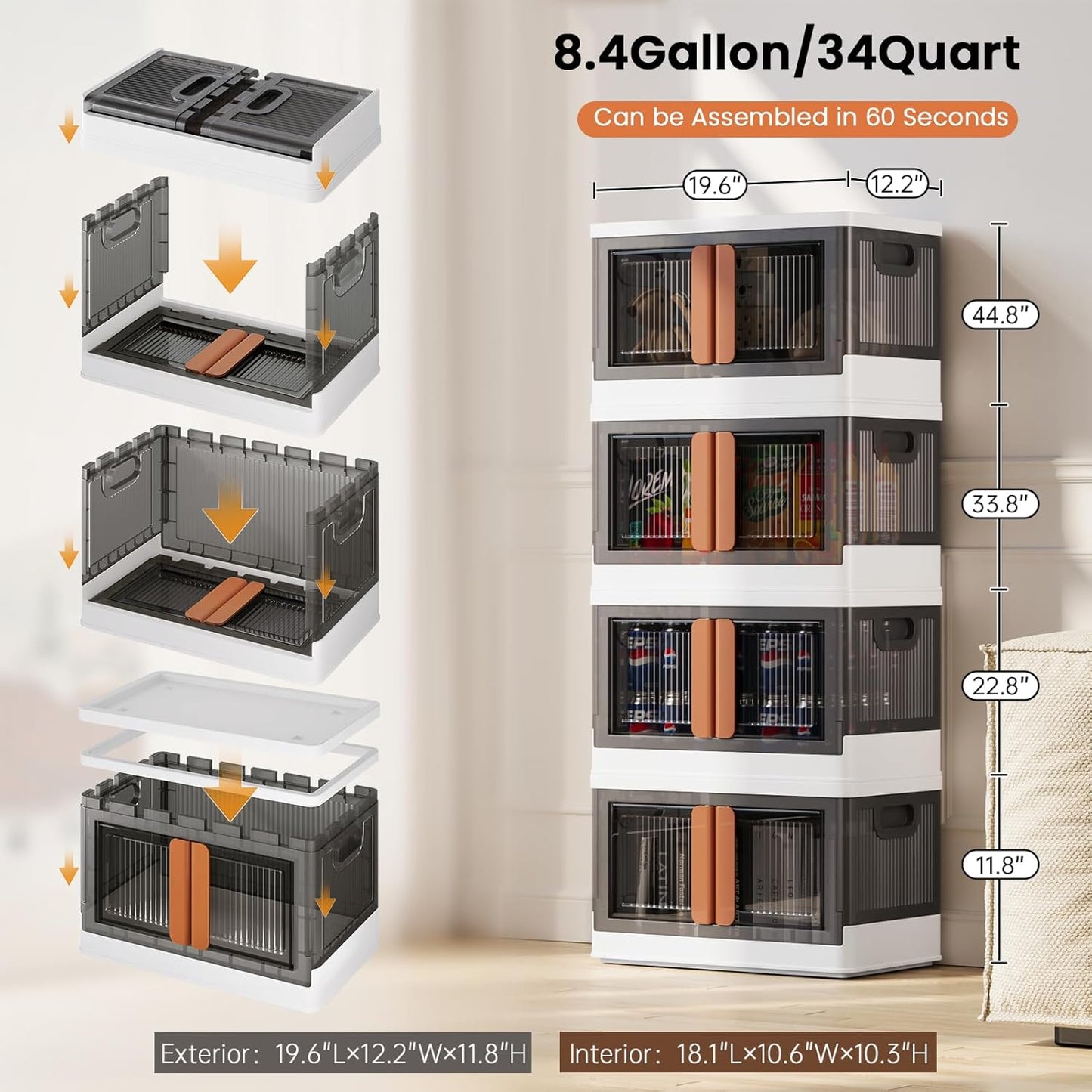 8.4Gal Collapsible Storage Bins with Lids & Wheels - 4 Pack Stackable with Doors, Heavy-Duty Plastic Containers for Home/Office, White