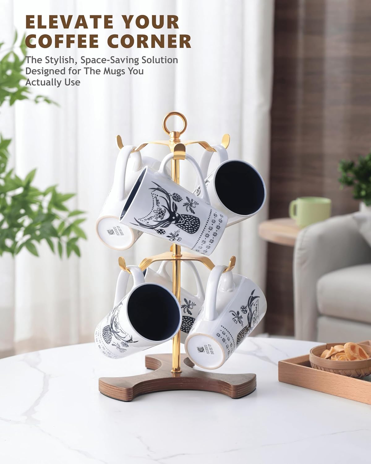 Gold Mug Holder Tree for Countertop | 2-Tier Coffee Mug Rack Holds 6 Large Mugs, 5oz to 20oz | Elegant Golden Cup Stand with Solid Wood Base | Kitchen Counter Organizer & Coffee Bar Accessories