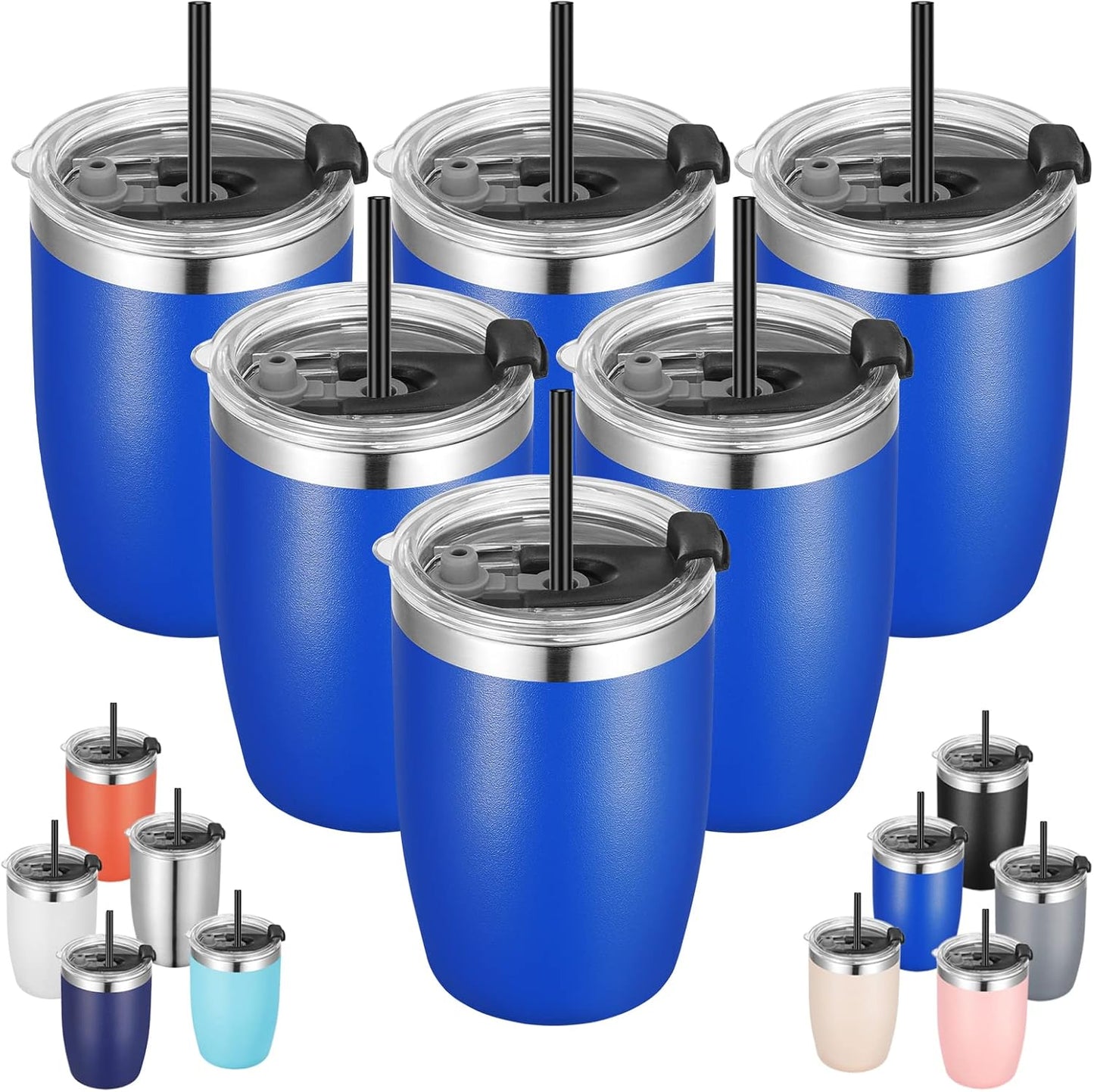 VEGOND Stainless Steel 12 oz Tumblers bulk Vacuum Insulated Double Wall Travel Tumbler with Lid and Straw Reusable Tumbler, Royal Blue 6 pack