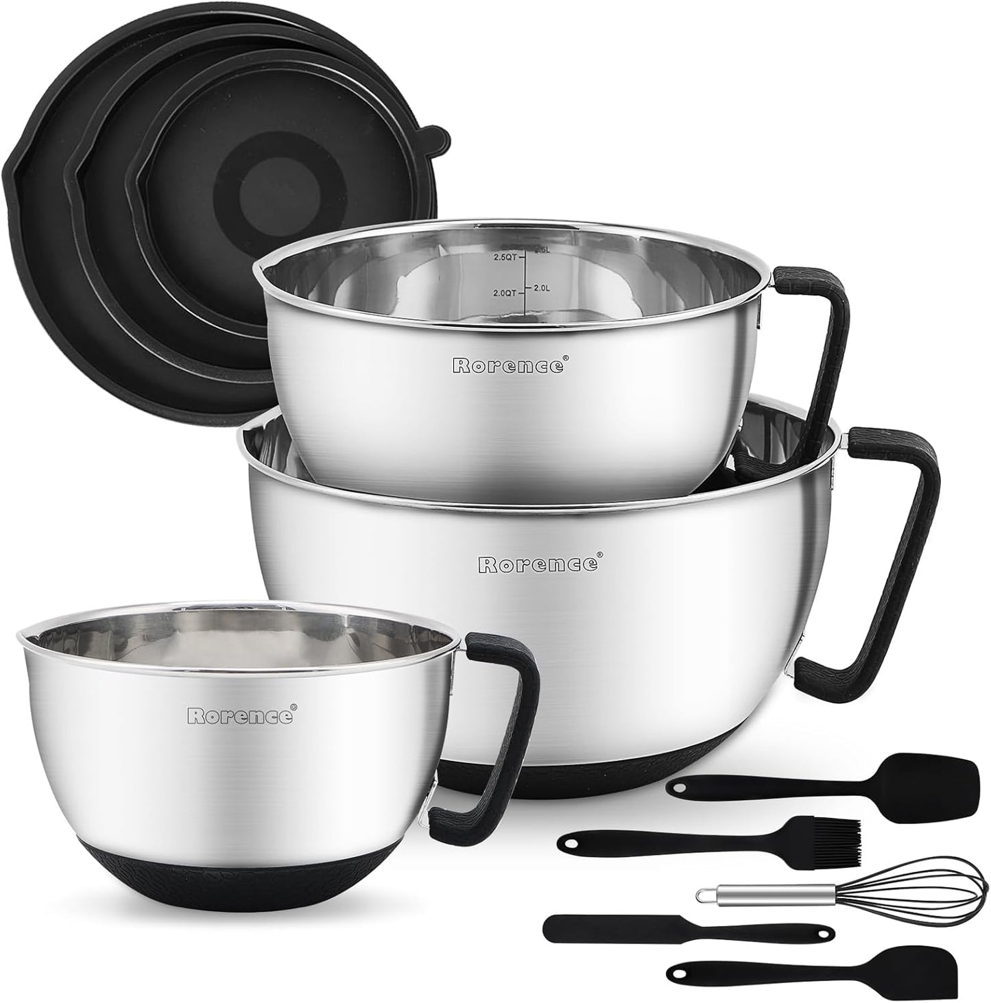 Rorence Stainless Steel Mixing Bowls: Metal Mixing Bowl Set with Lids and Handles Non-slip Silicone Bottom Nesting Bowls for Kitchen Set of 3 - Black