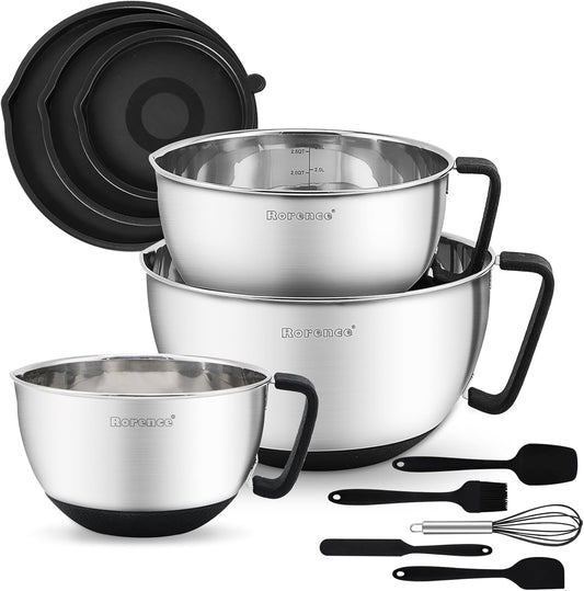 Rorence Stainless Steel Mixing Bowls: Metal Mixing Bowl Set with Lids and Handles Non-slip Silicone Bottom Nesting Bowls for Kitchen Set of 3 - Black