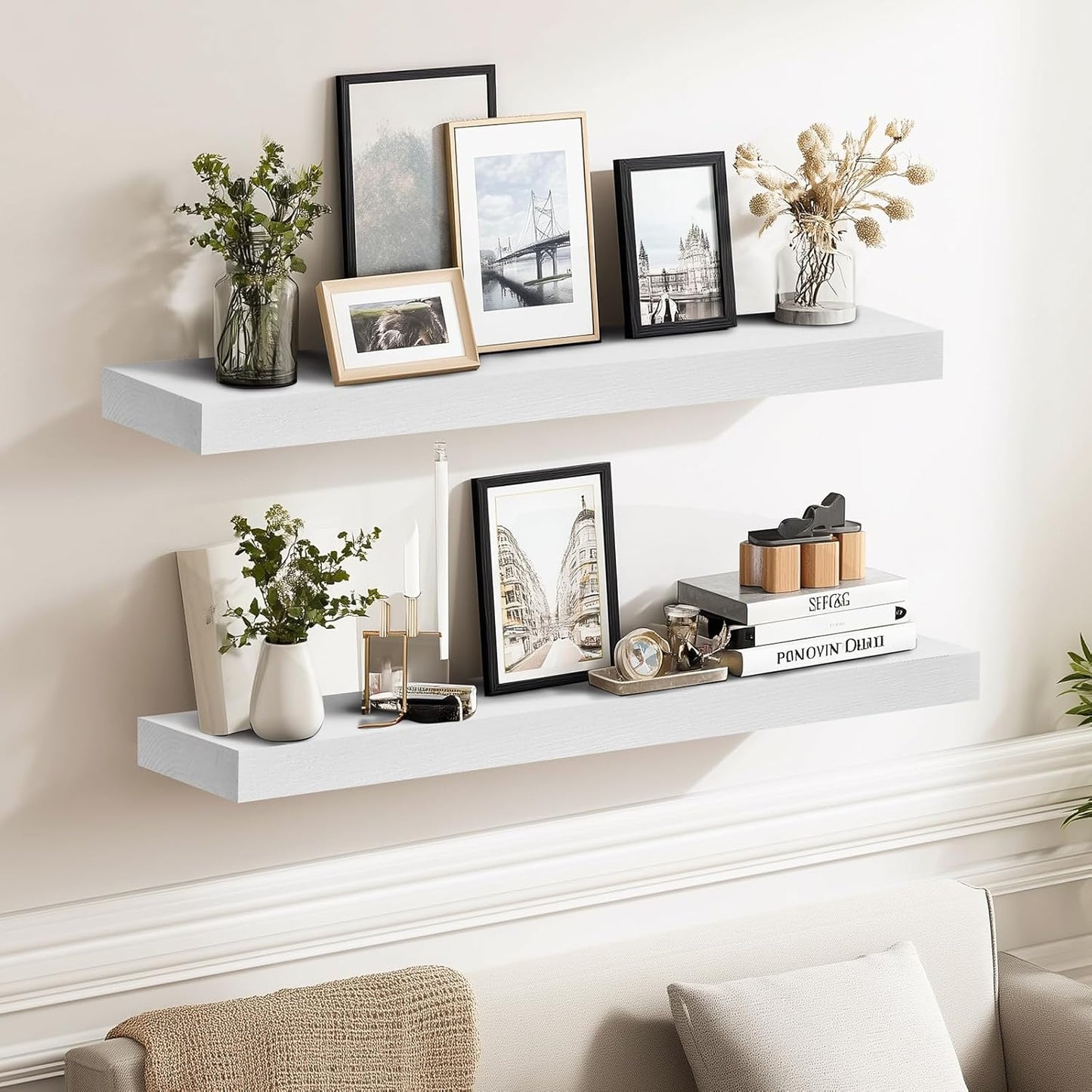 24x8x1.6 inch Floating Shelves Set of 2 – Solid Wood Rustic White Wall Mounted Shelf for Kitchen, Bathroom, Living Room