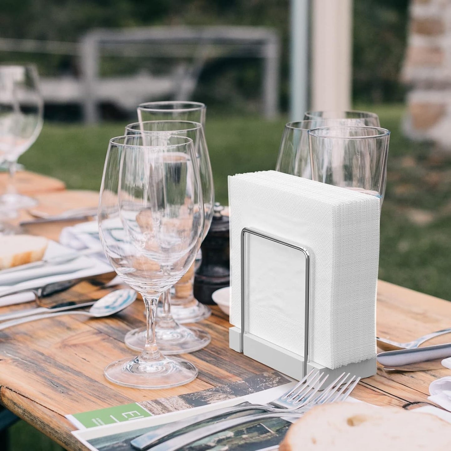 Napkin Holder for Table, Bamboo Iron Standing Napkin Dispenser for Kitchen Dining Table Farmhouse Cocktail Picnic Rustic Wood Holders for Mail Bills Suitable for All Dining Room Decors Silvery & White