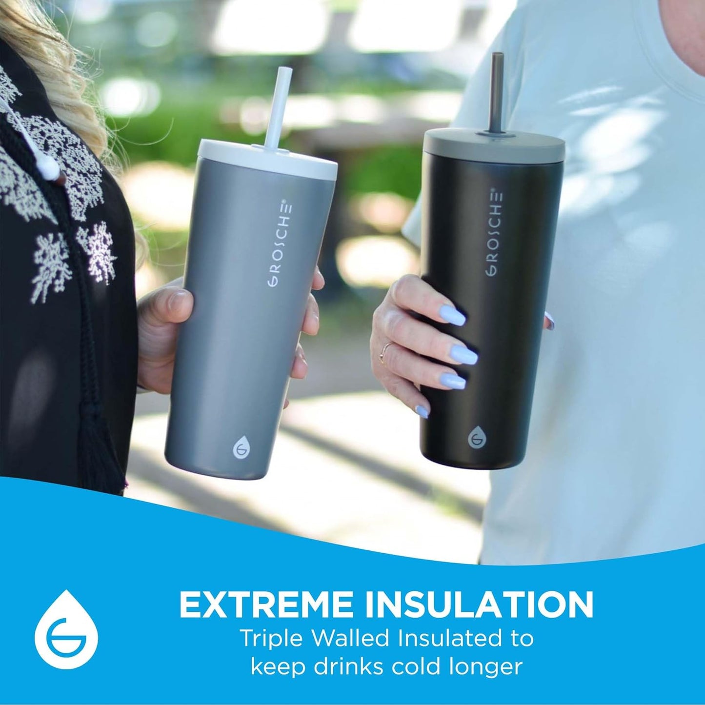 GROSCHE Jasper Insulated Stainless Steel Tumbler With Straw – Travel Cup with Lid, Extreme Insulation & Sleek Design, 23 oz - Grey