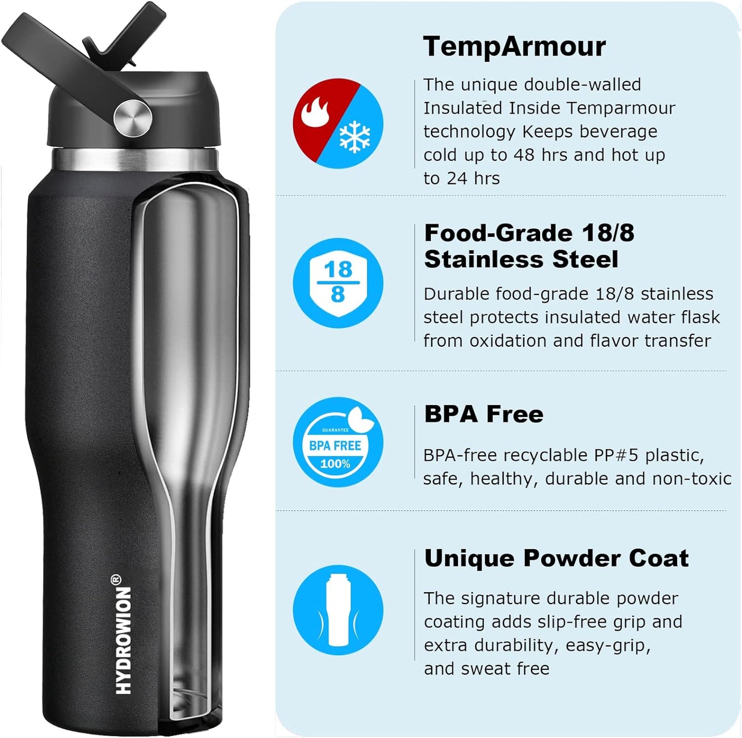 HYDROWION 32oz Stainless Steel Water Bottle(Cold for 48 Hrs, Hot for 24 Hrs),Double Wall Vacuum Insulated Water Bottle with Straw Lid, Spout Lid and Flex Cap, Fit in Any Car Cup Holder,Black