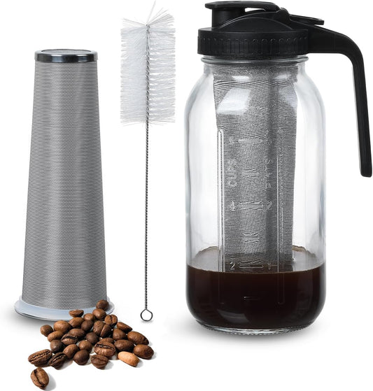 Cold Brew Coffee Maker Pitcher 64-ounce Glass Wide Mouth Mason Jar with Stainless Steel Filter and Pour Spout Handle Lid (Black, 64Ounce)