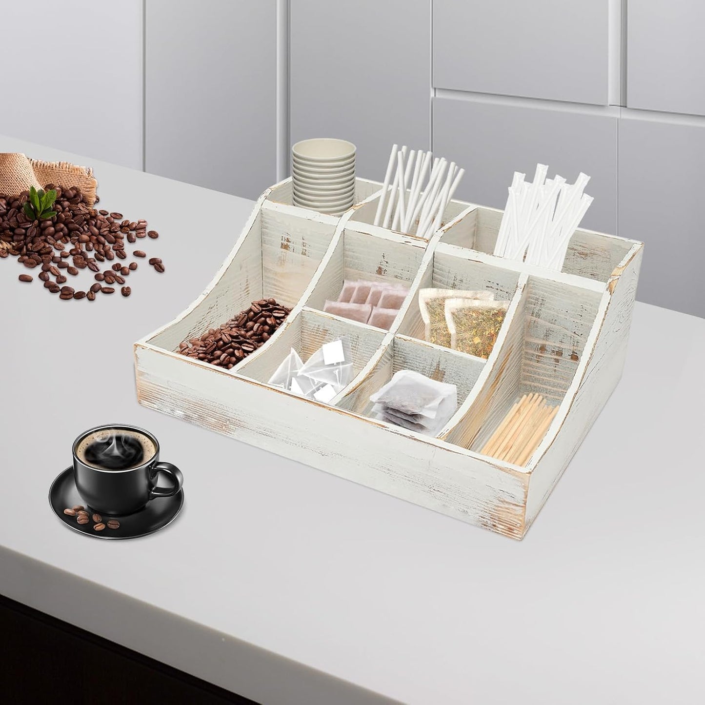 Coffee Bar Organizer for Countertop, Wooden Condiment Organizer Coffee Station Organizer Coffee Cup Syrup Pod Holder, Coffee Bar Organizer for Home Office Cafe, 9 Compartment, White