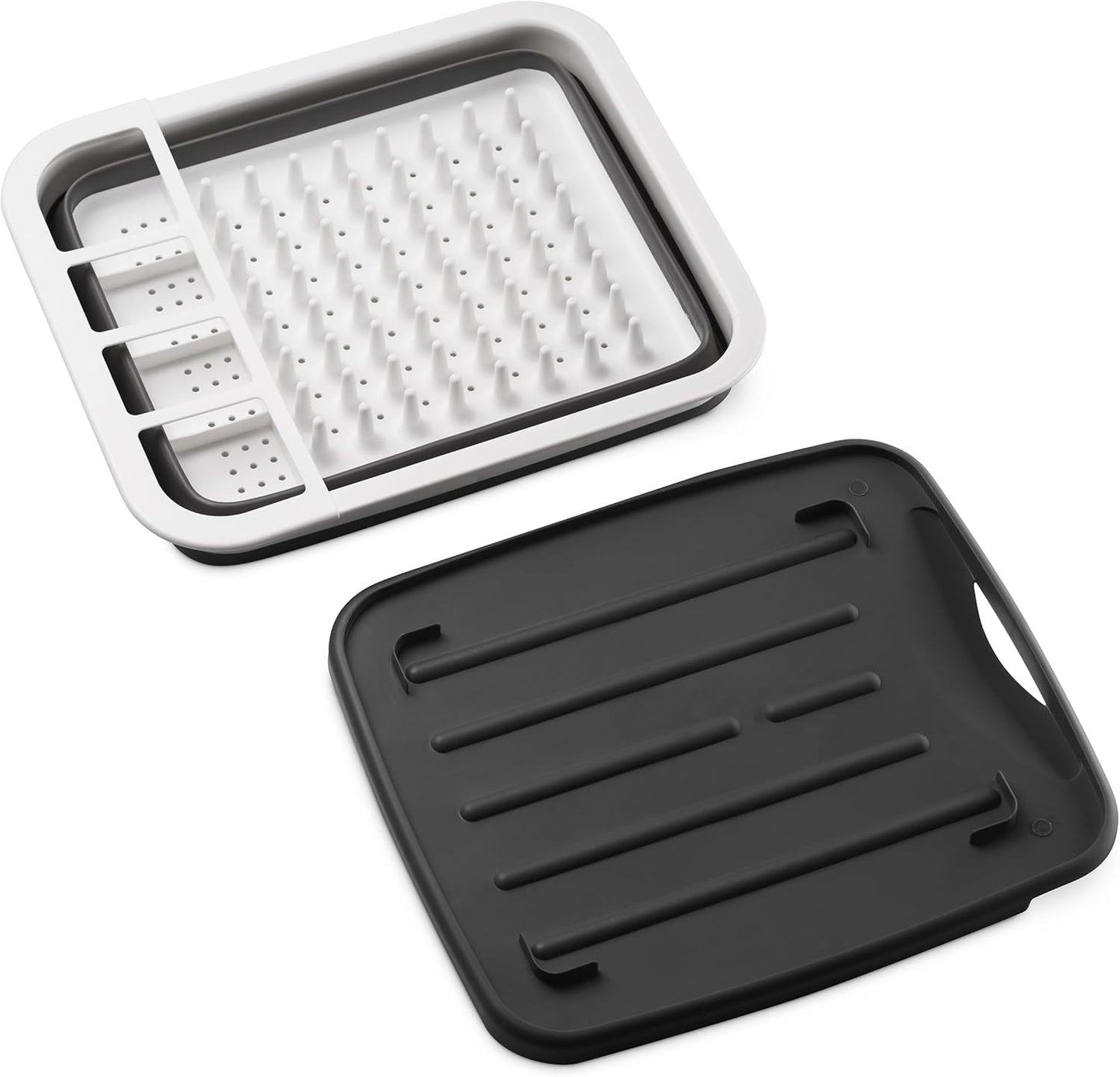 Masirs Pop-Up Collapsible Dish Drying Rack: Convenient Storage, Drains into Sink, Eight Large Plate Capacity, Sectional Cutlery and Utensil Compartment. Compact and Portable Design.