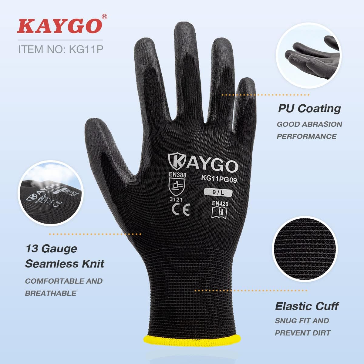 KAYGO Safety Work Gloves PU Coated for Women, 60 Pairs Seamless Knit Glove with Polyurethane Coated Smooth Grip on Palm and Fingers, Ideal for General Duty Work, KG11P (M, Red)