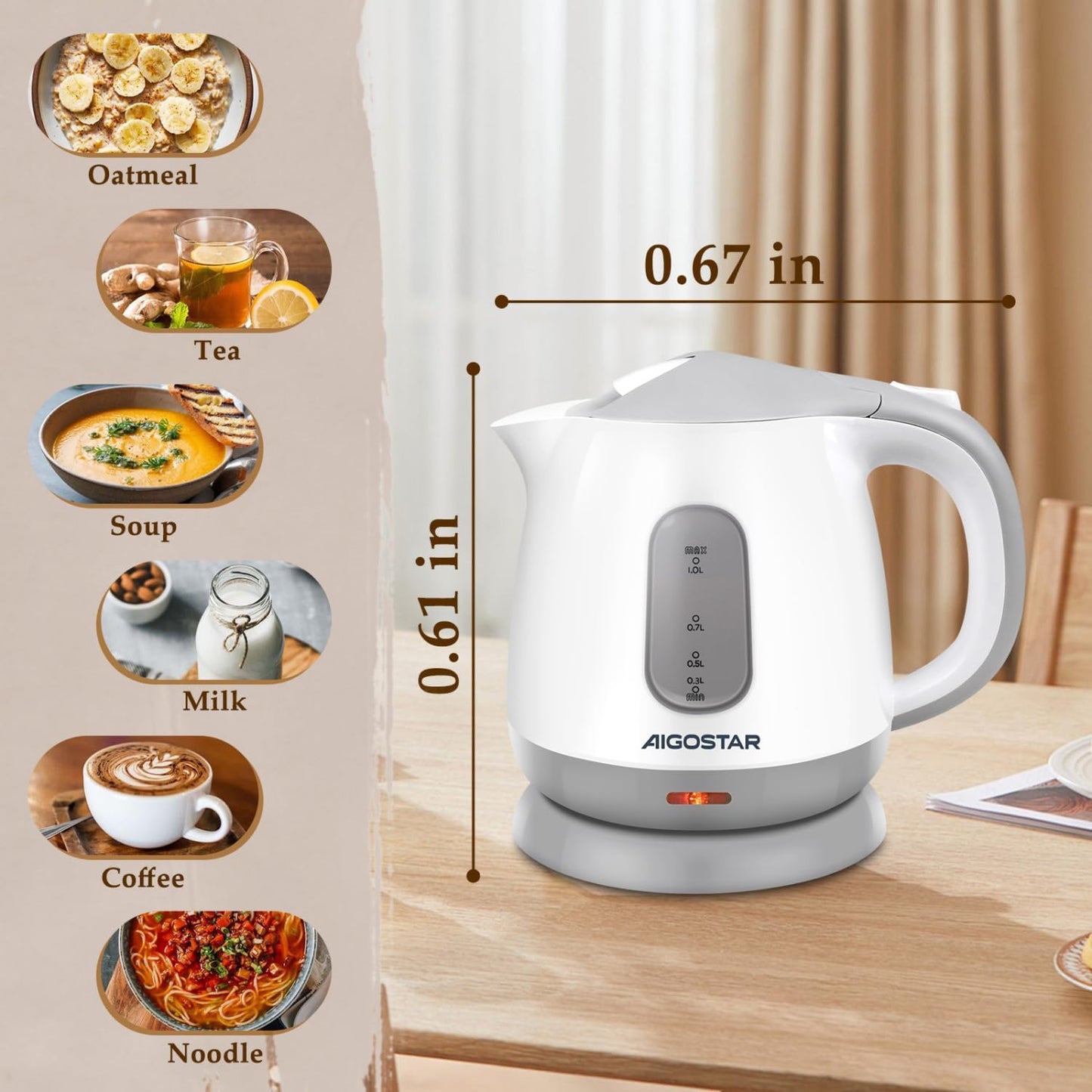 Aigostar Small Electric Kettle, 1L Portable Electric Tea Kettle 1100W with Automatic Shut-Off and Boil Dry Protection, Travel Hot Water Boiler Cordless for Making Coffee and Tea, BPA-Free, Grey