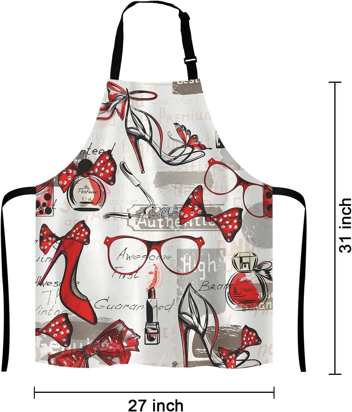 Fashion Girl Apron, Watercolor Red Lipstick Perfumes High Heels in Vintage Background for Woman Unisex Kitchen Bib with Adjustable Neck for Cooking Gardening,Adult Size
