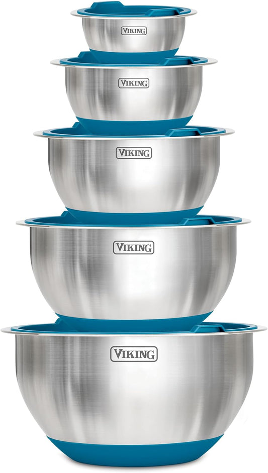 Viking Mixing Bowls Set, 10 Piece Stainless Steel Kitchen Cookware, Non-Slip Silicone Base, Includes Airtight Lids, Dishwasher Safe, Blue