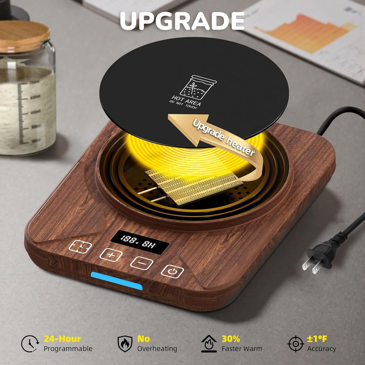 Sourdough Starter Warmer Mat - 24H Timer - Precise 1°F Thermostat Control (70-100°F) - Smart Memory Warming On/Off - Fits Jars Up to 40oz - Perfect for Home Baking (Brown)