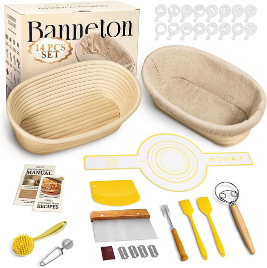 10 Inch Oval Banneton Bread Proofing Basket Sourdough Starter Kit, Sourdough Bread Baking Supplies with Bread Lame, Sling, Spatula, Scraper, Dough Whisk