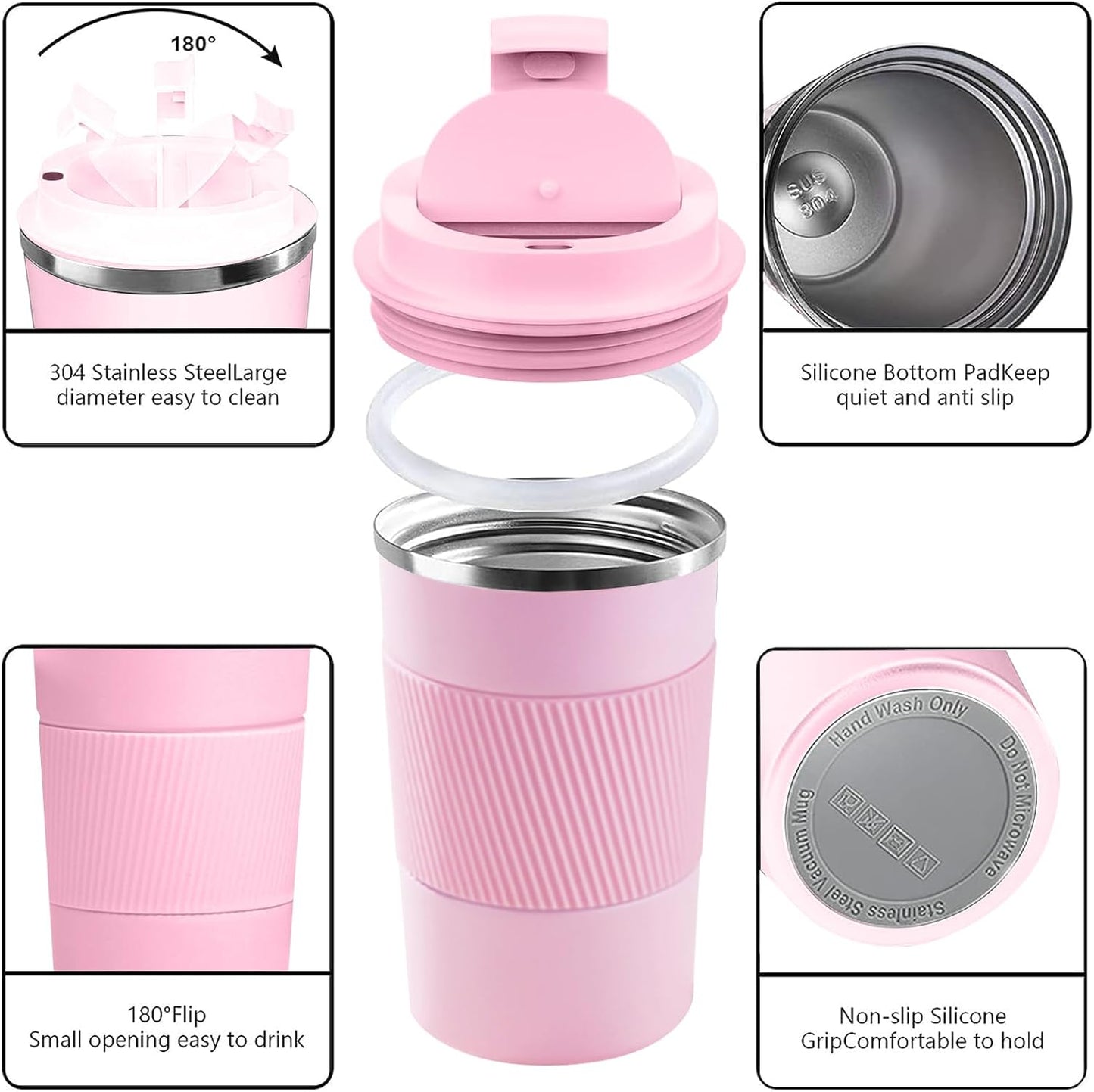 YINBAOGE Insulated Travel Coffee Mug Spill Proof Leak Proof Pobtable To Go Camping Stainless Steel Coffee Tumbler Reusable Coffee Cups with Lids Thermos for Hot and Cold Drink (Pink, 17 OZ)