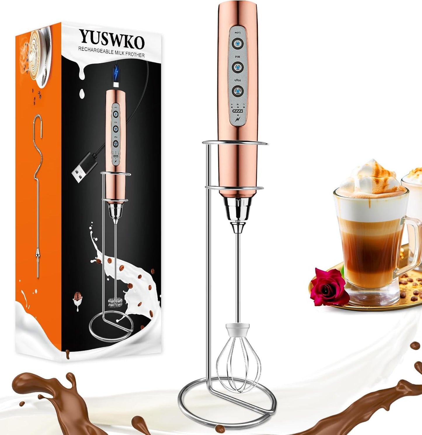 YUSWKO Rose Gold Handheld Milk Frother Wand with Stand for Coffee, Rechargeable Electric Whisk with 3 Heads 3 Speeds Drink Mixer Coffee Frother For Latte, Cappuccino, Hot Chocolate, Egg
