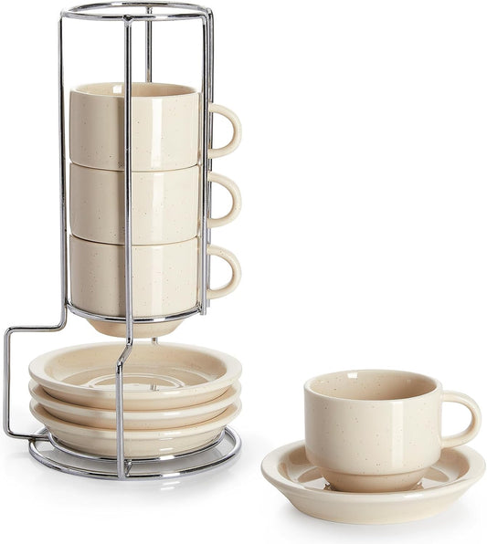 Sweese Porcelain Espresso Cups Set, 2.5 oz, Stackable with Saucers Metal Stand, Beige, 4 Pack