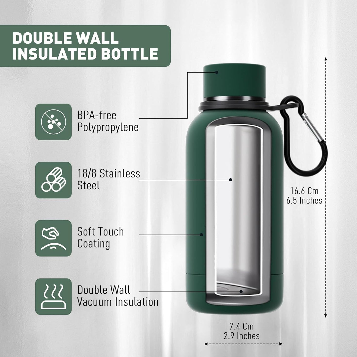 Small Water Bottle 12oz with Clip, Double Wall Stainless Steel Vacuum Small Insulated Water Bottle Keeps Drinks Cold 24 Hrs/Hot 12 Hrs for Kids Handbag School BPA Free (Emerald Green)