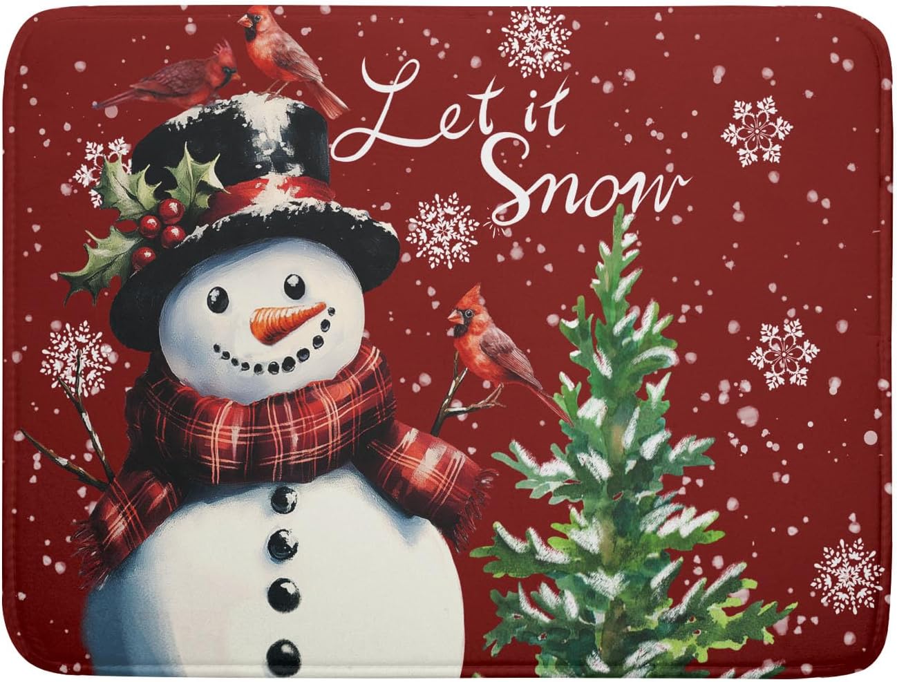 Let It Snow Winter Snowflake Red Dish Drying Mat for Kitchen Counter,Xmas Trees Snowman Cardinal Bird Drying Mat 18 x 24 Inch with High Absorbent Microfiber Drainer Mat for Coffee Bar