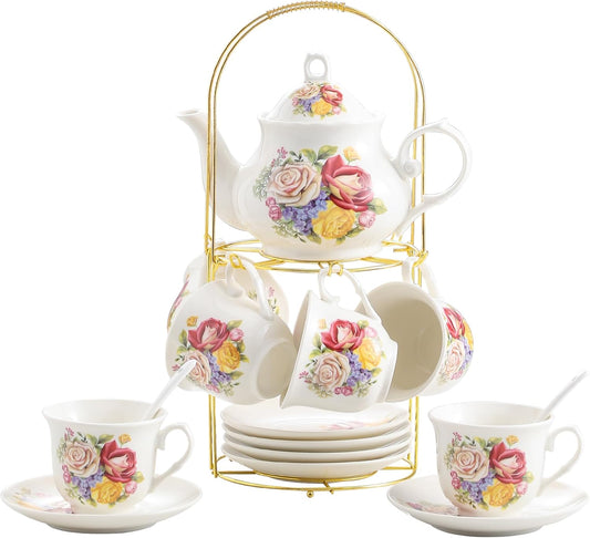 20-Pieces Porcelain Bone china Tea Sets,Gold Rim Coffee Set with Golden Metal Rack,Tea Gift Sets for Home&Party (006)