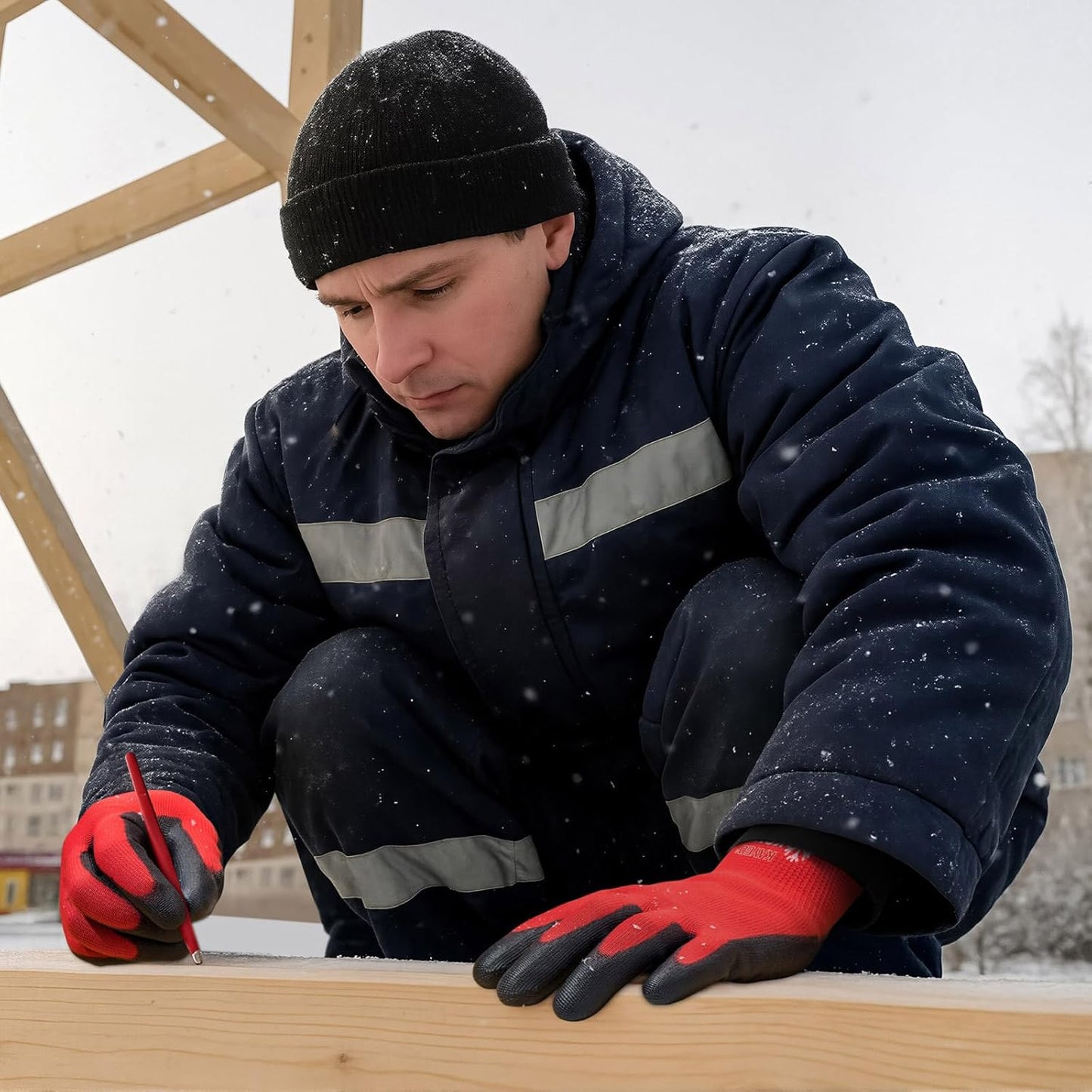 KAYGO Winter Work Gloves for Men and Women, 12 Pairs Thermal Insulated Safety Work Gloves PU Coated, Smooth Grip on Palm & Fingers,Ideal for Freezer Work,Red,M