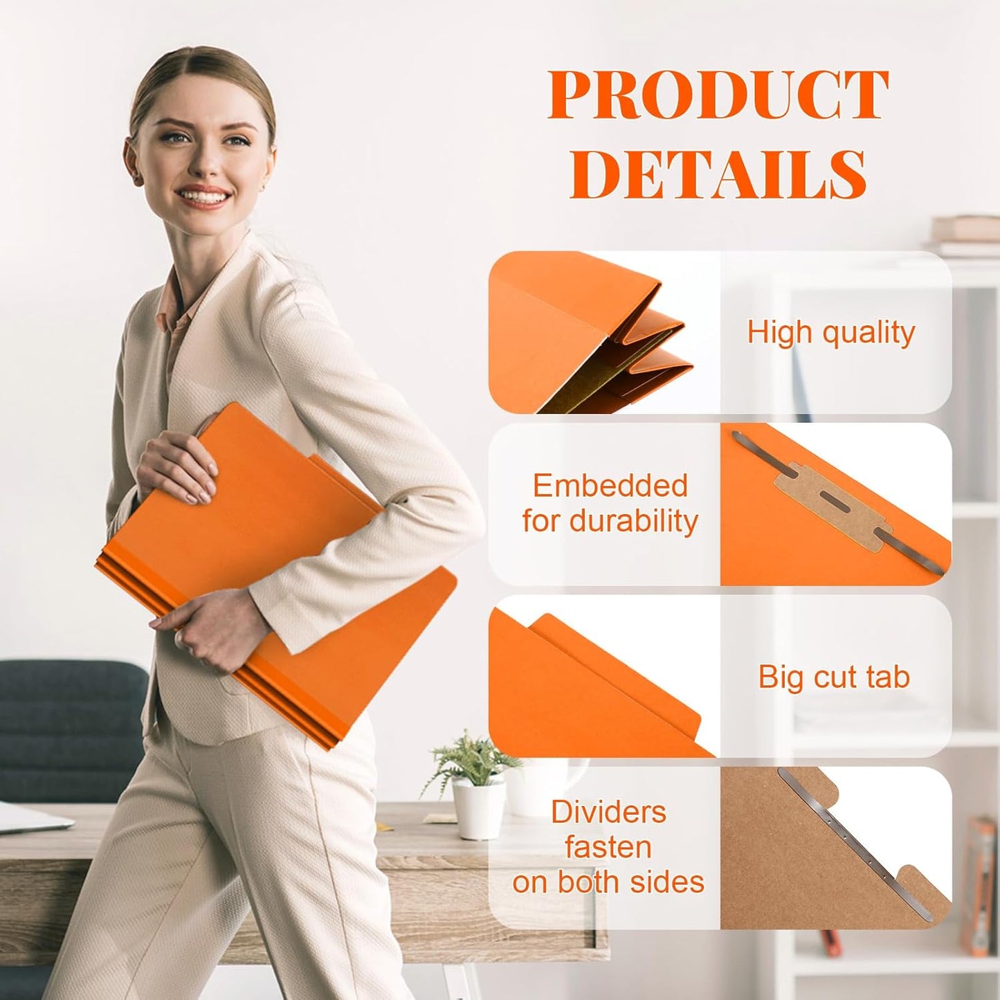 12 Pcs Classification Folders Letter Size, Back to School Supply for Teacher, Student, 1 Divider Pressboard File Folder Bulk with 2 Fasteners, 3.5 Inch Expanding File Organizer (Orange)