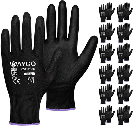 KAYGO Safety Work Gloves PU Coated,12 Pairs KG11PB Seamless Knit Glove for Men and Women, with Smooth Grip on Palm and Fingers, Ideal for General Duty Work (X-Small, Black)