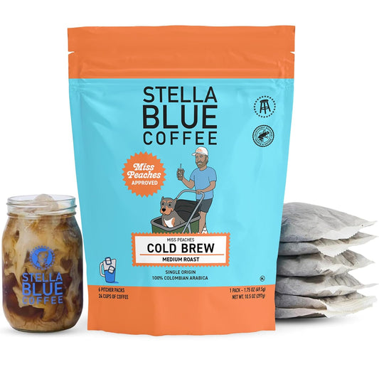 STELLA BLUE Fresh Cold Brew Coffee | Miss Peaches Blend | 100% Single Origin Arabica MEDIUM Roast | Ethically & Sustainably Sourced from Colombia | Helps Support PAWS Chicago | 6 Packets to Make 24 Cups