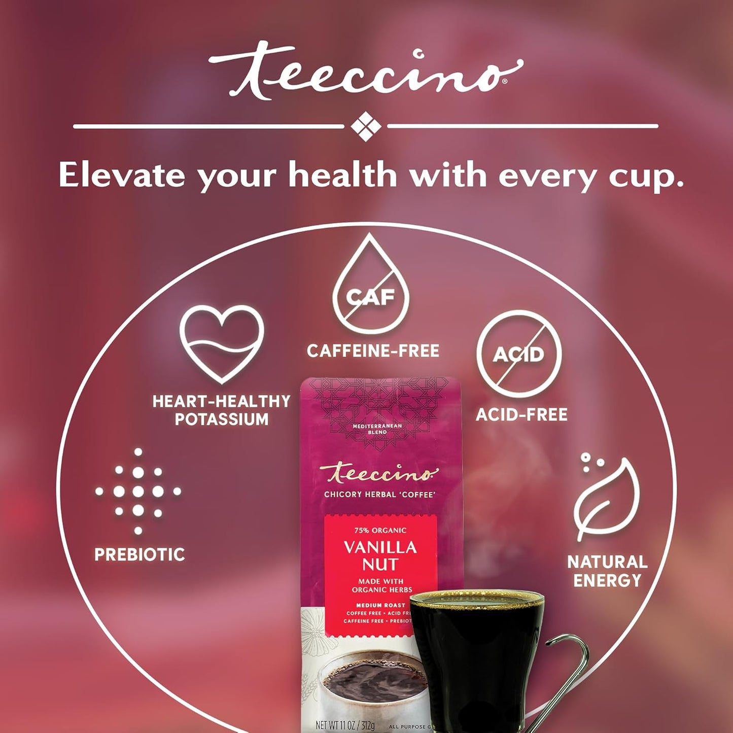 Teeccino Vanilla Nut Chicory Coffee Alternative - Ground Herbal Coffee That’s Prebiotic, Caffeine Free & Acid Free, Medium Roast, 11 Ounce (Pack of 6)