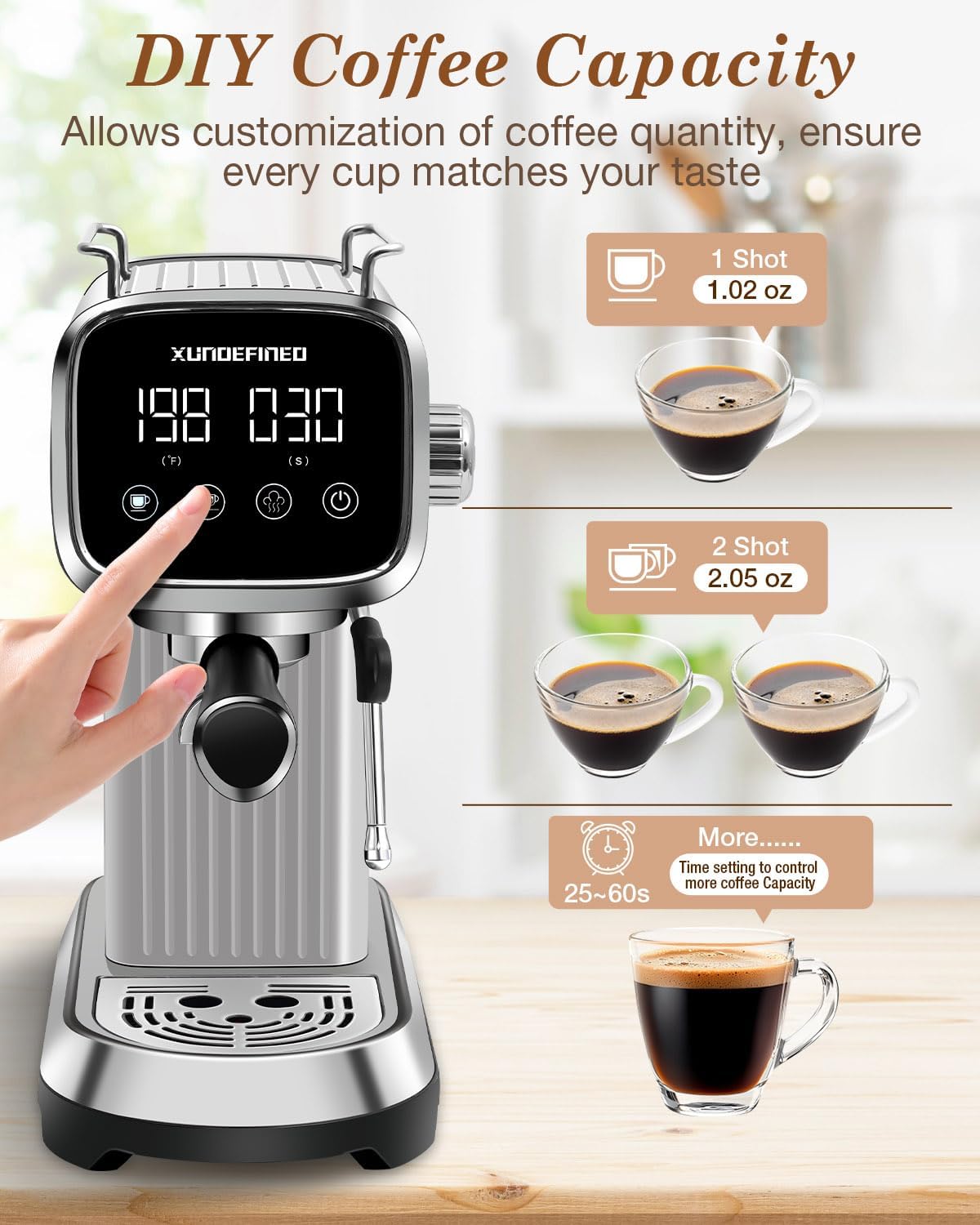 Espresso Machines 20 Bar with LED Touchscreen, Adjustable Temperature(185~203°F) Timing(25~60s), Compact Stainless Steel Coffee Maker with Milk Frother Steam Wand for Home Cappuccino & Latte Maker