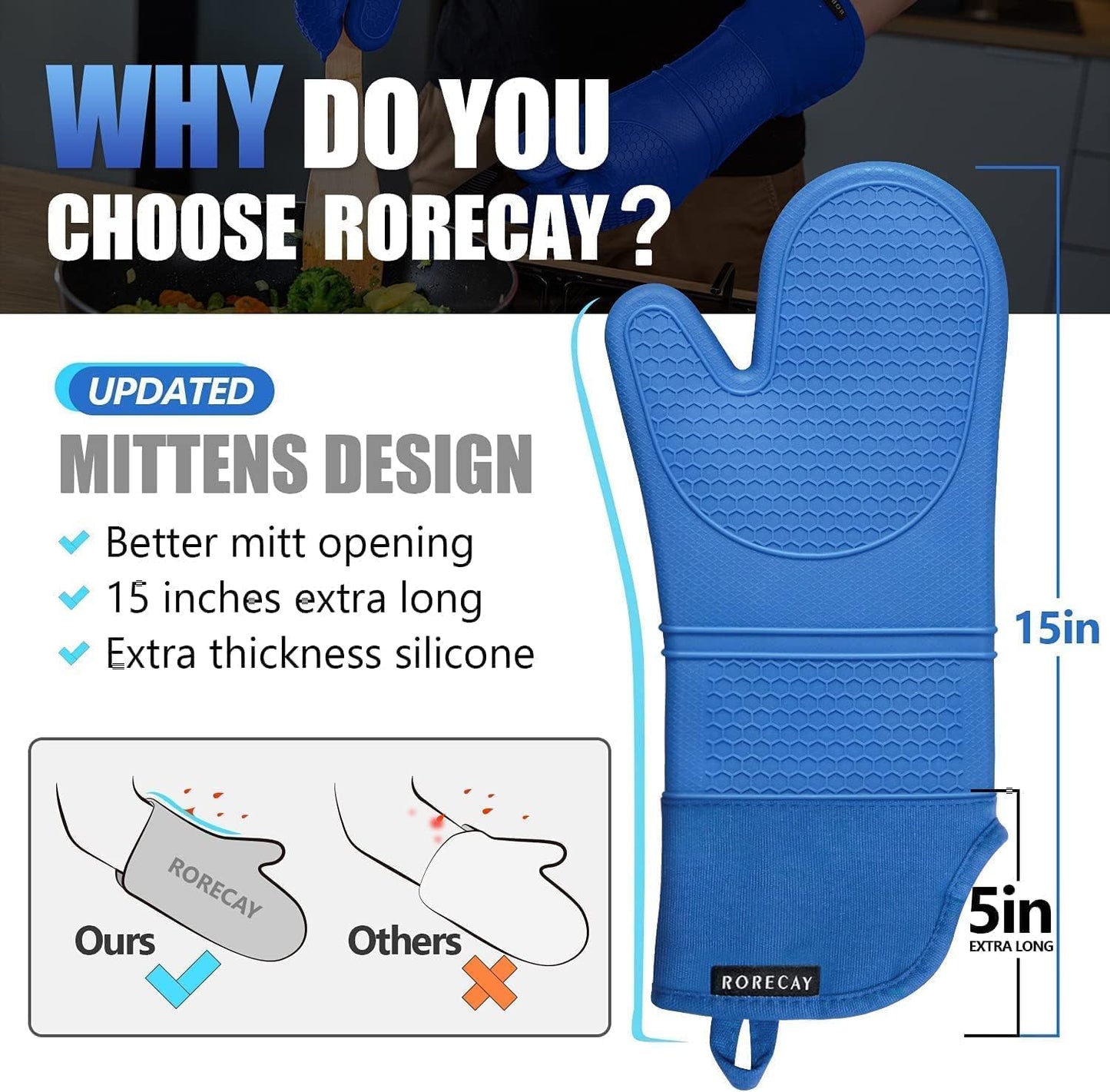 Rorecay Extra Long Oven Mitts and Pot Holders Sets: Heat Resistant Silicone Oven Mittens with Mini Oven Gloves Hot Pads Potholders for Kitchen Baking Cooking, Quilted Liner, Pack of 6 (Lake Blue)