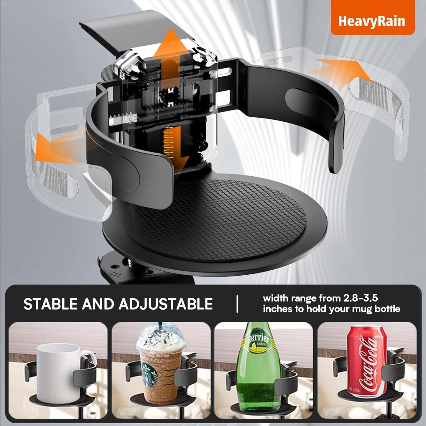 HeavyRain Gaming Cup Holder - 3.58" Universal Drink Mount with 33lb Strong Clamp, Dual Mount Modes & Anti-Spill Design for PC Gamers (Black, HRZ221B)