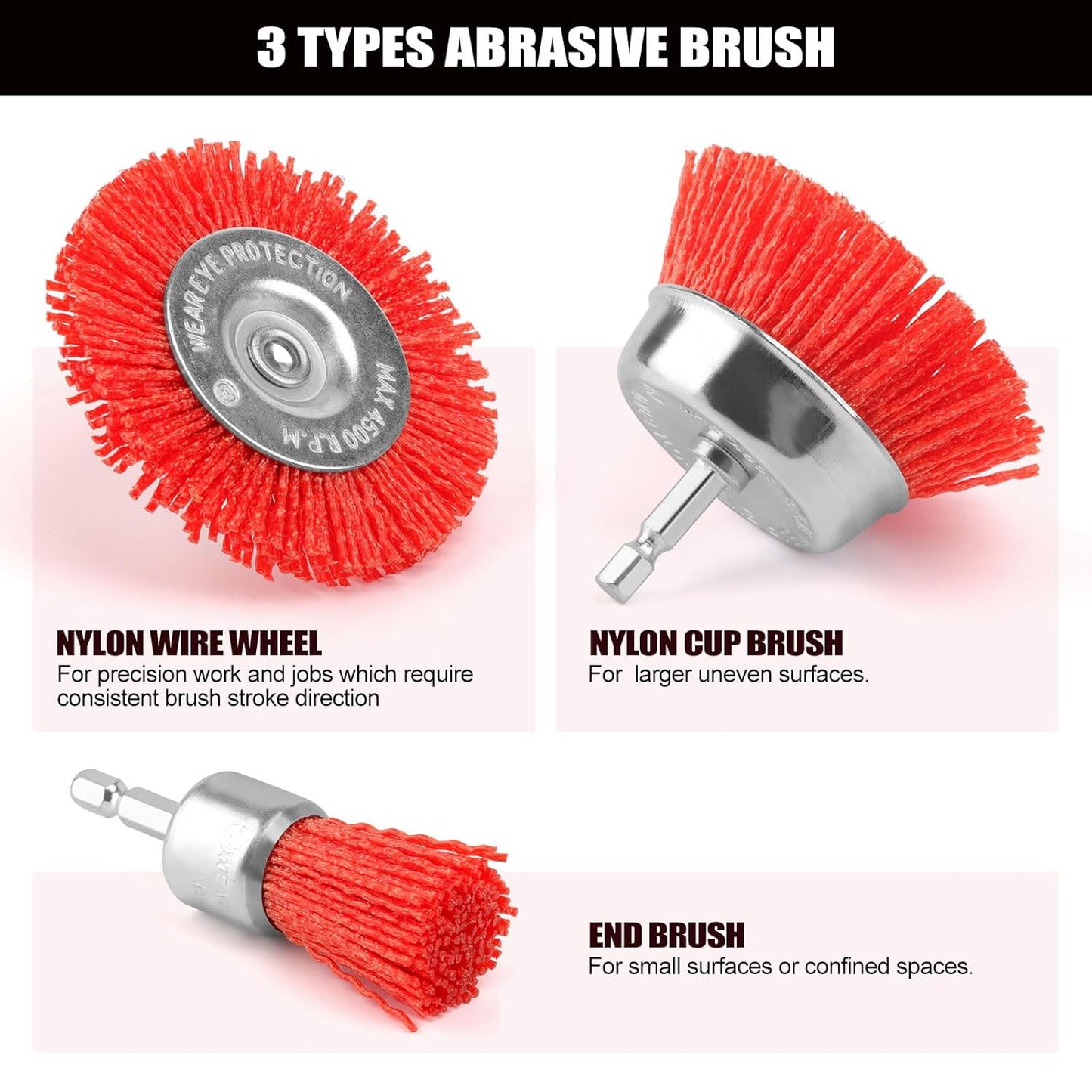 POLIWELL Nylon Abrasive Brush for Drill, 6 Pack Nylon Filament Wire Wheel & Cup Brush Set, 1/4 Inch Hex Shank, 3” and 2.6” Red Coarse Abrasive Bristle Drill Brushes for Paint, Corrosion, Rust Removal