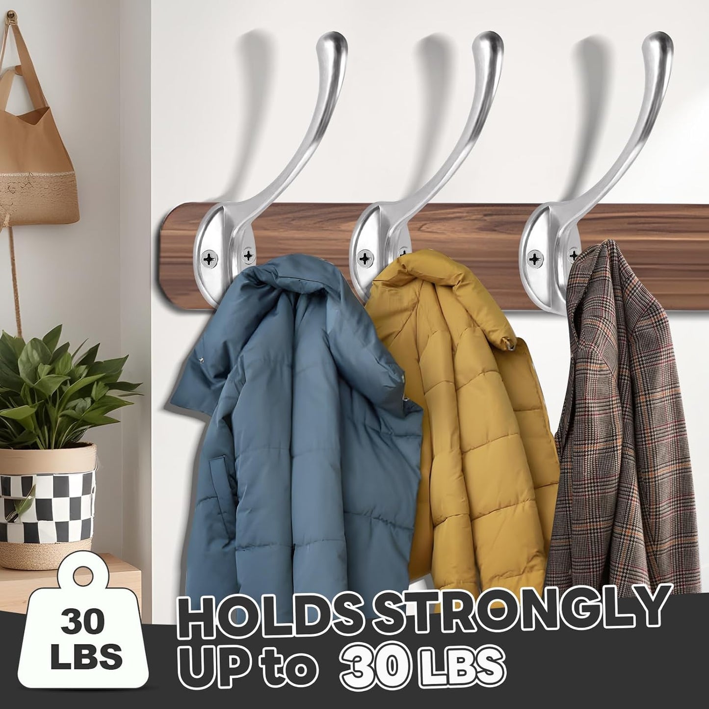 Wall Hooks for Hanging, 10-Pack Heavy Duty Metal Coat Hooks, for Living Room, Bathroom, Kitchen, Bedroom for Towel, Hat, Key, Closet, Bag (Silver)