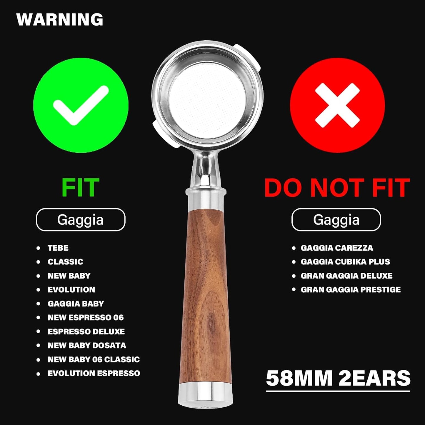 58mm Espresso Bottomless Portafilter with 2 Ear | Fits Most Gaggia Espresso Machine | Food Grade Stainless Steel Basket and Walnut Handle | 58mm Espresso Machine Accessories