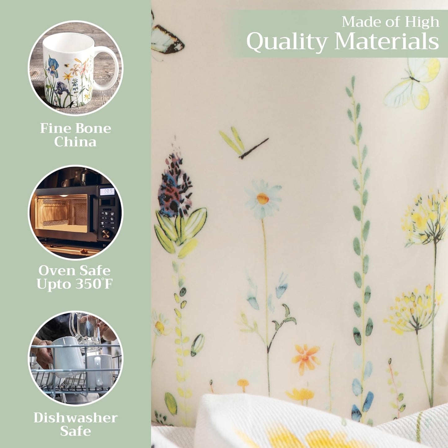 Maison d' Hermine Coffee Mug with Handles Fine Bone China Mugs Pack of One Tea Cups for Hot Beverages Cappuccino Latte Home Restaurant Office Perfect for Gift (Botanical Fresh - Meadow, 12 Ounce)