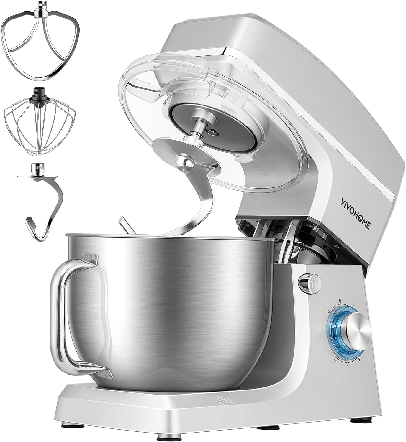 VIVOHOME 7.5 Quart Stand Mixer, 660W 6-Speed Tilt-Head Kitchen Electric Food Mixer with Beater, Dough Hook, Wire Whip, and Egg Separator, Silver