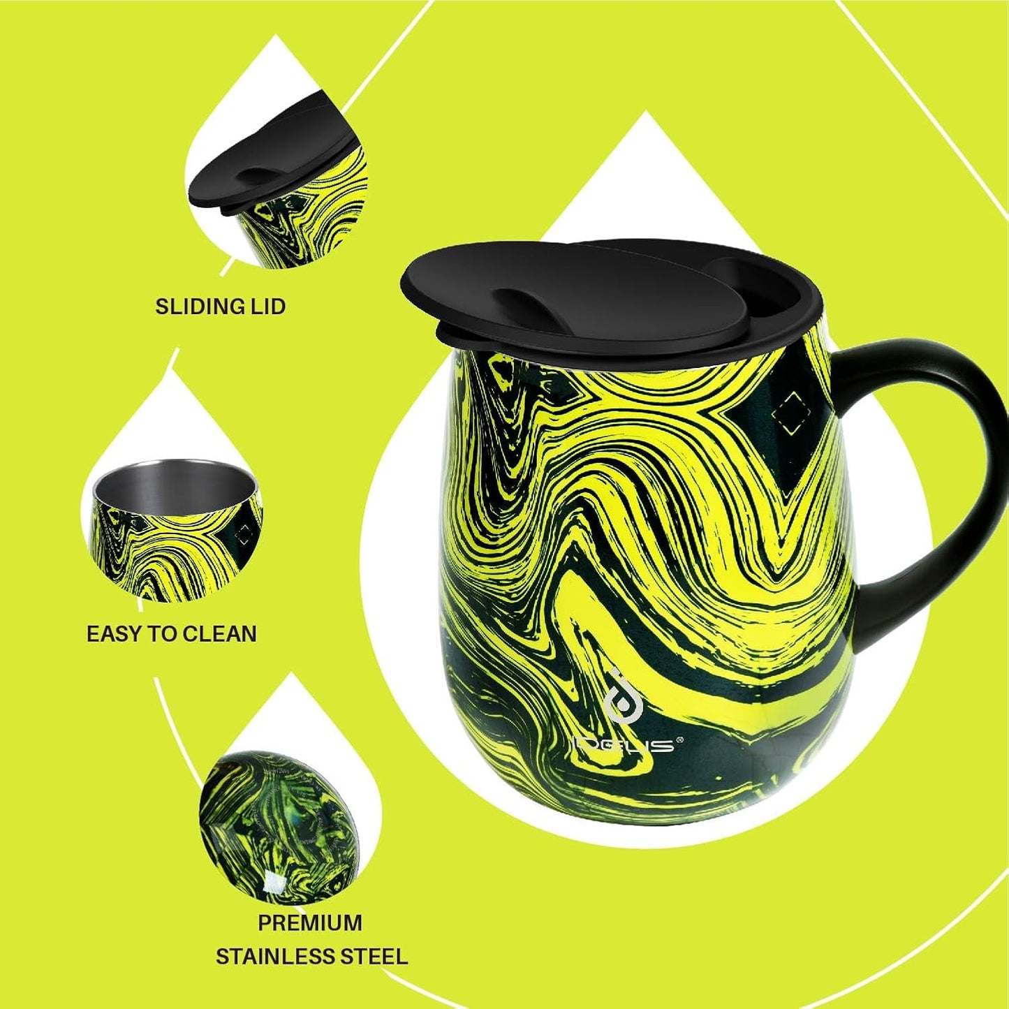 Ideus 16 oz (470 ml) Insulated Coffee Mug with Handle and Lid, Double Wall Stainless Steel Vacuum Thermal Coffee Mug, Travel Coffee Cup Thermal Cup for Home and Office (Yellow Zebra)