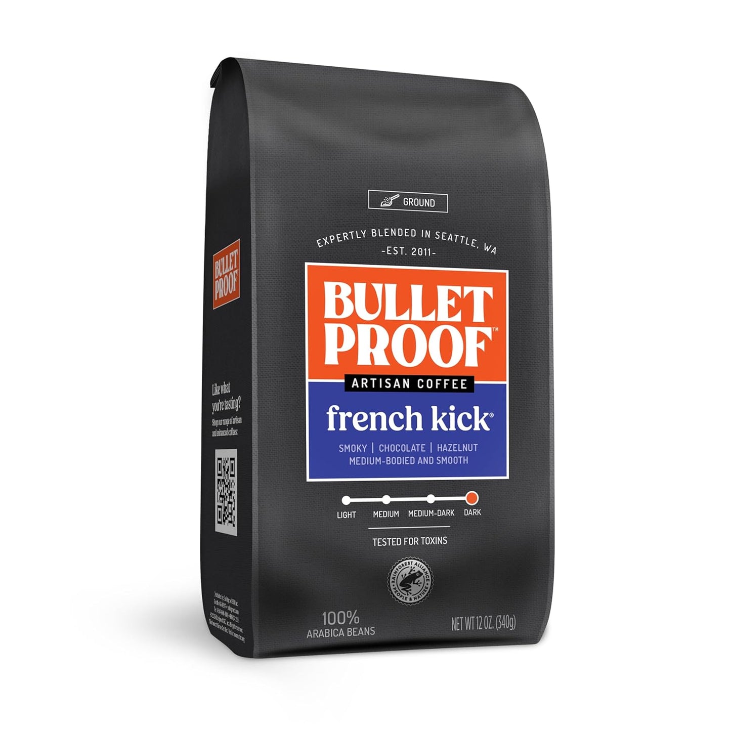 Bulletproof French Kick Dark Roast Ground Coffee, 12 Ounces, 100% Arabica Beans, Clean Coffee Tested for Toxins, Packaging May Vary