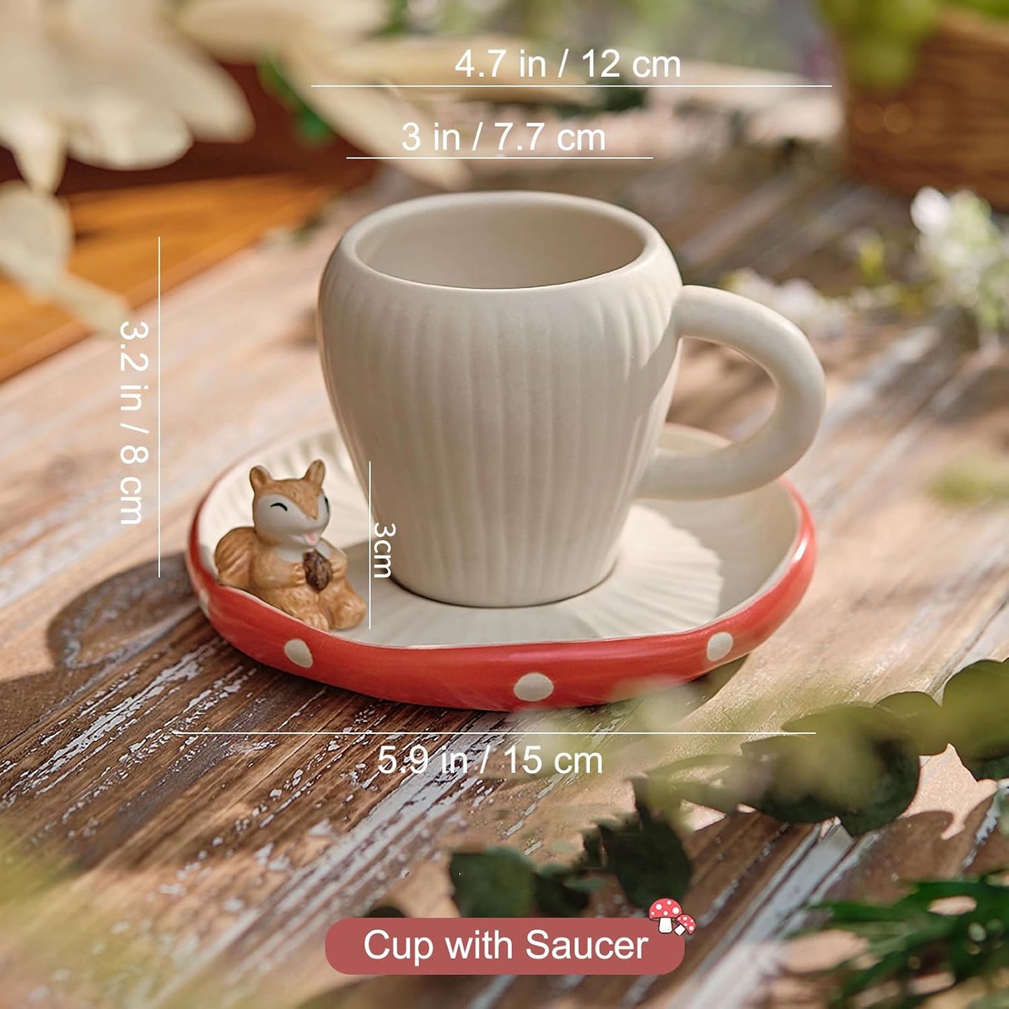 Cute Mushroom Mug with Saucer, Handmade Glaze Polka Dot, with Squirrel Decoration on the Plate. Safety Matt Ceramic Coffee Cups, 11 oz Cartoon Tea Cup. Best Gifts for Women & Girls.